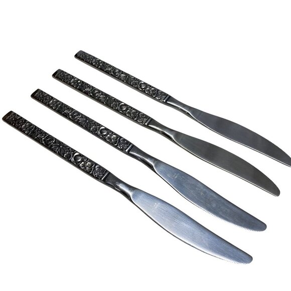 Set Of 4 Floral Handle Stainless Steel Butter Hand Forged Finesse Korea Vintage - Picture 3 of 5